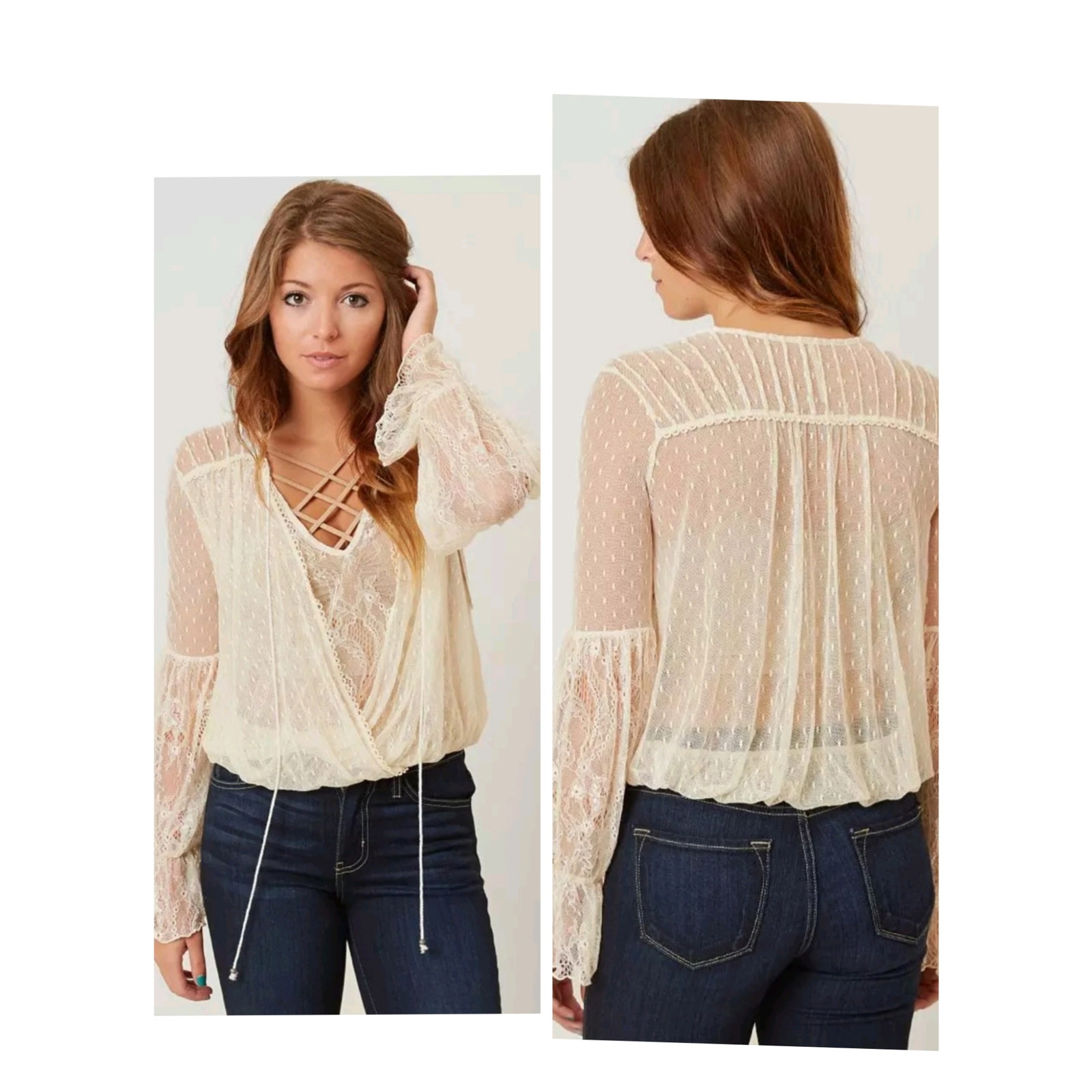 5457) Free People Faraway Ivory Lace Sheer Long Sleeve Surplice Top Medium